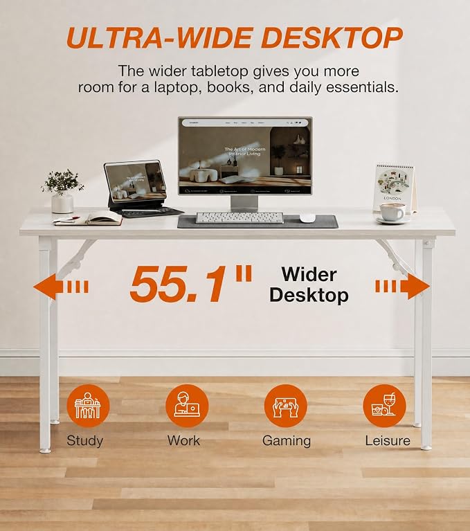 XBurmo Folding Desk Foldable Table, No Assembly 55.1" Foldable Desk Space-Saving Workstation for Small Space, Computer Table, Flat Storage for Home Office, Bedroom, Dorm, Study Room, White Ash