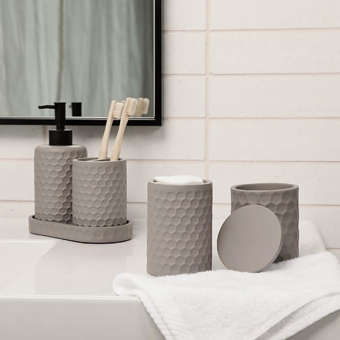 zccz 6 Piece Bathroom Accessories Set, Toothbrush Holder, Toothbrush Cup, Soap Dispenser,Bathroom Vanity Tray, Qtip Holder, Trash Can - Cement