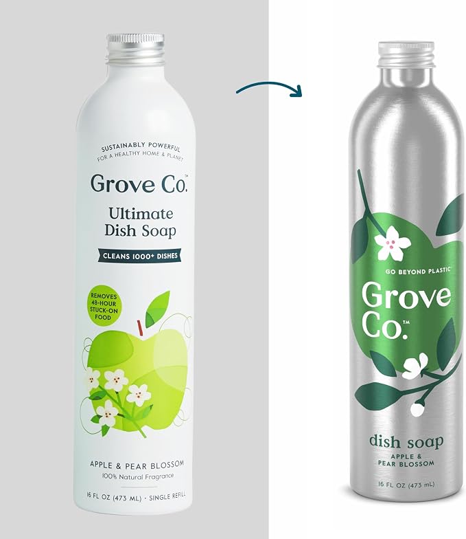 Grove Co. Hydrating Dish Soap Refill 3-Pack - High Performance Gel with Apple & Pear Blossom Scent, Plant-Based USDA Biobased Aluminum Bottles, 48 oz Total