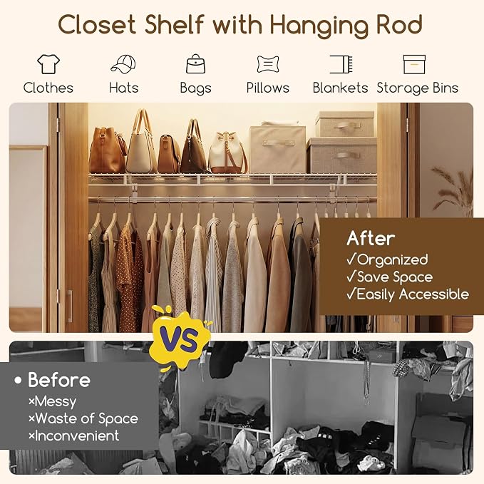 COSTWAY Closet Shelves Wall Mounted, Ventilated Shelf with Hanging Rod | Metal Wire Shelving Kit, Wire Wall Shelf for Laundry Room, Bedroom, Home, Mounting Accessories Included (4 ft x 12 in)