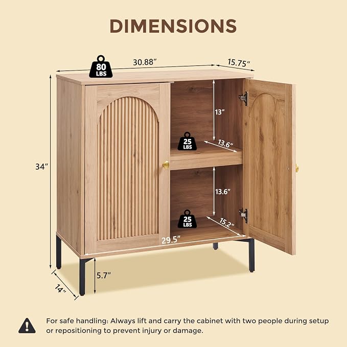 IFGET 34" Tall Modern Arched Sideboard Buffet Cabinet with Storage, Natural | Fluted Arch Sideboard Cabinet w/Adjustable Shelves, Wooden Modular Kitchen Cabinet for Dining& Living Room, Entryway