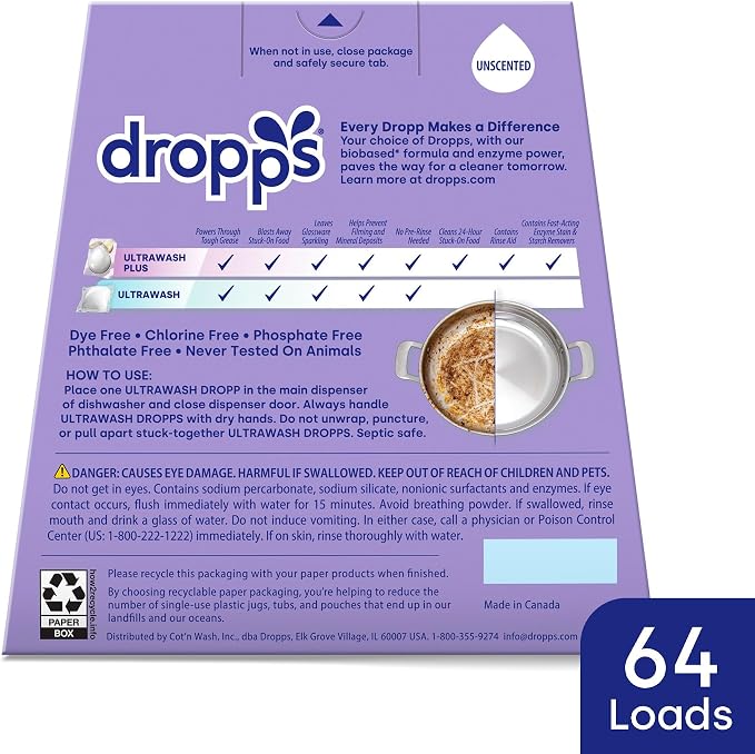 Dropps UltraWash Plus Dishwasher Detergent Pods, Unscented (64 Ct) Free & Clear | Triple Action | Built In Rinse Aid | Cuts Grease & Stuck-On Food | Sparkling Dishes | Residue-Free | Clean Ingredients