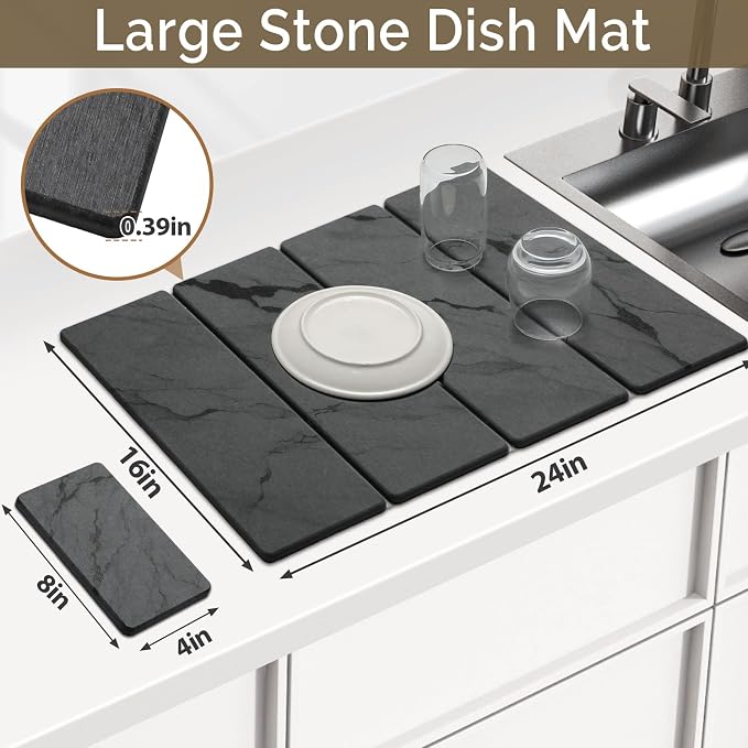 Large Stone Dish Drying Mat for Kitchen Counter, 2 PCS Quick Dry Stone Mats, Foldable Water Absorbing Diatomaceous Earth Drying Dishes Pad for Countertop Bottles Utensils Cup(Dark gray 24"x16"&8"x4")