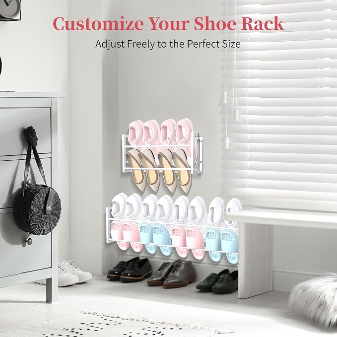 4 Pack Wall Mounted Shoe Rack for Narrow Spaces, Hanging Shoe Rack Holds 32 Pairs, 17"-30"Adjustable Heavy Duty Wall Shoe Storage with 8 Storage Hooks, Space Saving for Closet Entryway Door, White