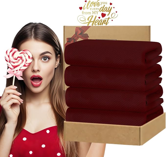 VOOVA & MOVAS Bath Towels 4PC, 100% Cotton, 30x56 in, Burgundy Red | Quick Dry, Thick, Soft, Absorbent, Bathroom Decor Set, Ideal For Home, Guest Bathroom, Spa