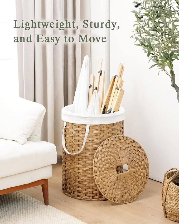 SETVSON Laundry Hamper with Lid 23.8 Gal (90 L) PE Rattan, Natural | 90L 23.8 Gal Round PE Rattan Hamper with Lid, Removable Washable Liner Bag, 2 Mesh Wash Bags, Steel Frame, Handles