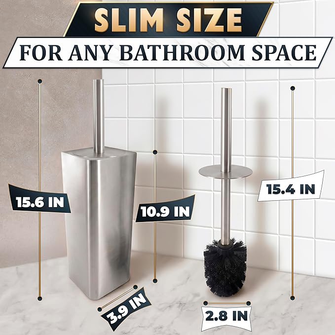 Silver Toilet Brush and Holder Set - Upgrade Your Bathroom in Seconds - Stainless Steel Toilet Bowl Brush and Holder with 2 Rounded Corners, Replaceable Head, Removable Inner Bowl & Splash Guard Cover