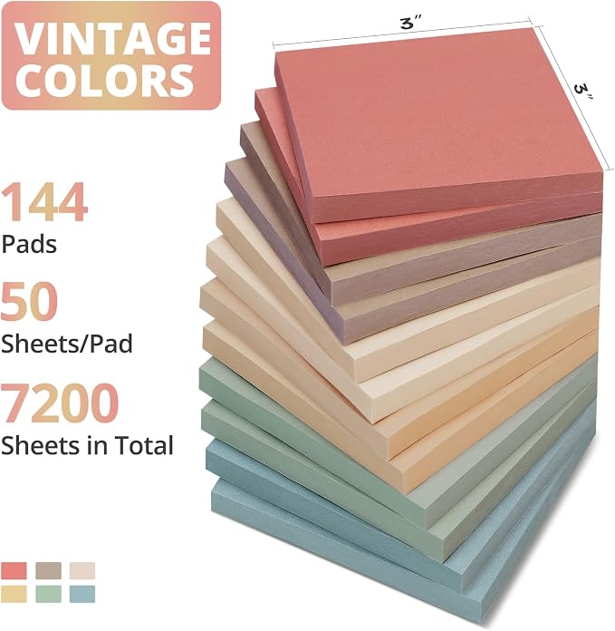 Sticky Notes, 3x3 Inch, 144 Pad, Aesthetic Self-Stick Note for Office, School and Home, Ideal for Planning, Notes and Organization, Vintage Colors