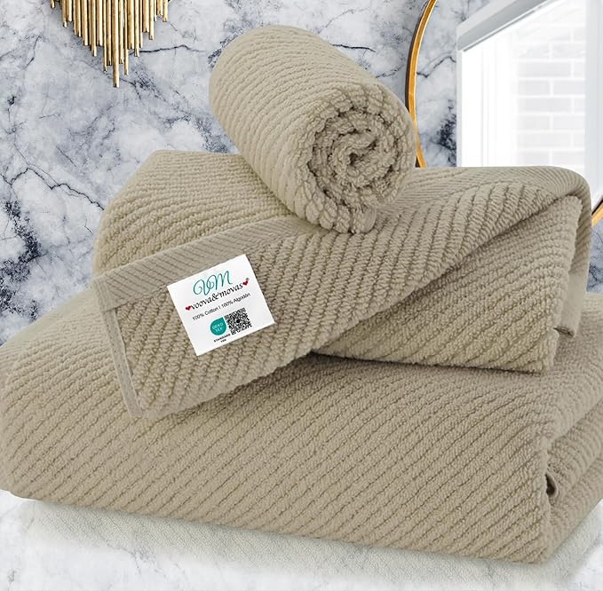 VOOVA & MOVAS 3PC Towel Set, 100% Cotton, Dark Tan | 1 Large Bath 30x56 In, 1 Hand 18x28 In,1 Wash Cloth 13x13 In, Quick Dry, Soft, Thick, Bathroom Essentials