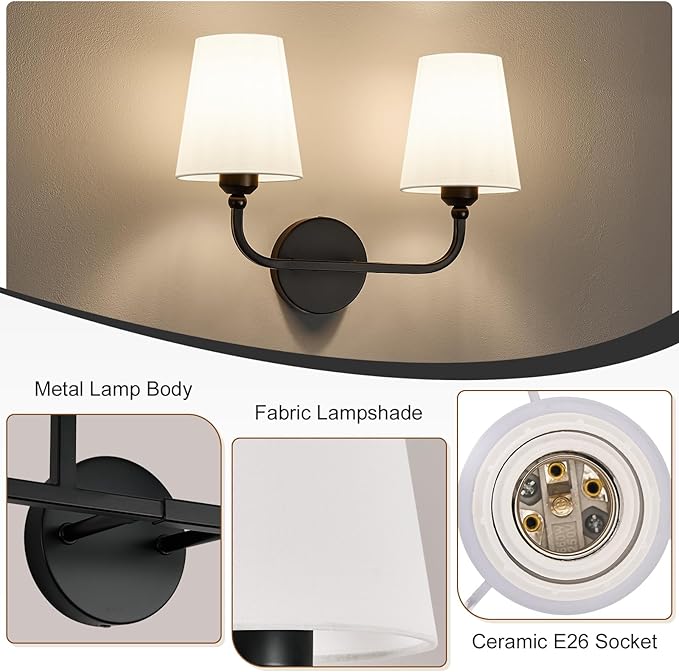 Bathroom Vanity Light, Matte Black Bathroom Light Fixtures, 2-Light Lighting Fixtures Over Mirror, Modern Wall Sconce with Flared White Fabric Shade, E26 Socket(ETL Listed)