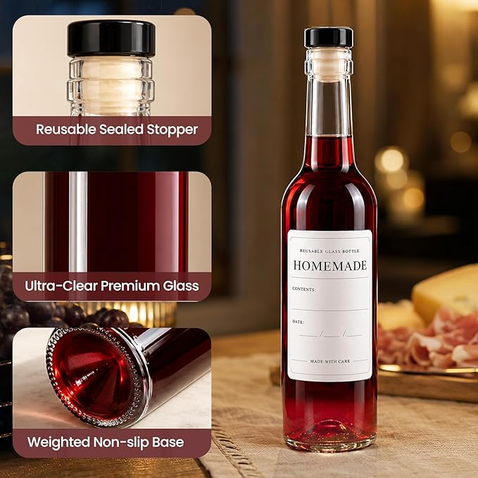 TBWIND 12 Pack 12oz Clear Glass Wine Bottles, 375ml Small Liquor Bottles with T-Top Corks & Shrink Capsules for Limoncello, Mead, Kombucha & Vanilla Extract, Includes Funnels & Brush