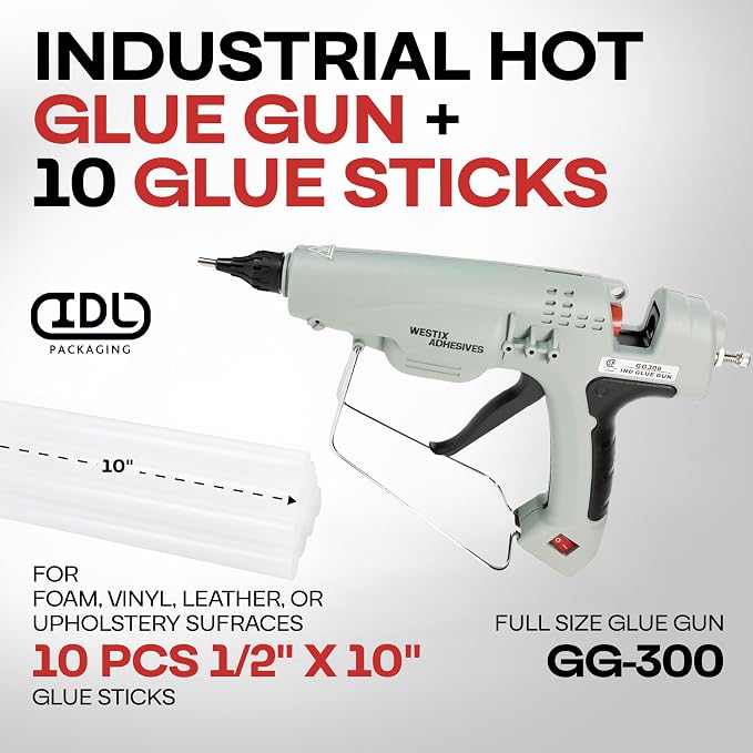 IDL Packaging GG-300 Industrial 300W Hot Glue Gun with 10 pcs Glue Sticks - 1/2" x 10" Full-Size Glue Sticks - Hot Glue Gun Kit for Variety of Surfaces: Foam, Vinyl, Leather, or Upholstery