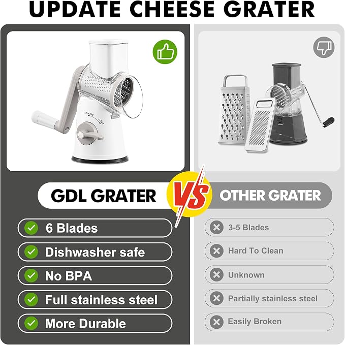 GDL Cheese Grater Hand Crank - Upgraded 6-in-1 Cheese Grater with Handle and Strong Suction Base, Multi-purpose Cheese Shredder Vegetable Slicer Ice Shaver for Potato, Vegetables, Nuts, Chocolate
