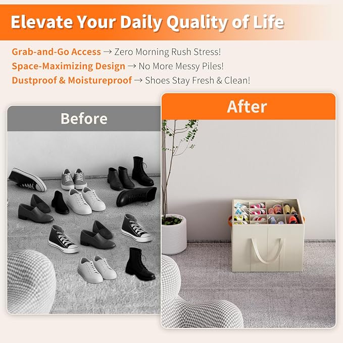 Aokeyee 2 Pack Shoe Organizer for Closet, Stackable Shoe Storage Box, Beige | Fits up to 32 Pairs, Space Saving, Foldable, Shoes Organizer Bin with Clear Cover, 4 Reinforced Handles