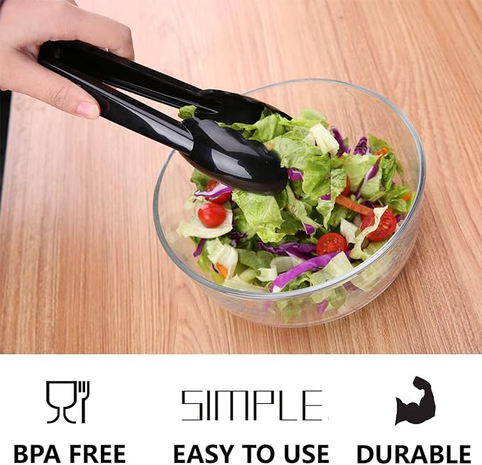 Plastic Tongs for Kitchen, Disposable Utensils Set, 12 Pieces, 9 Inch Heavy Duty Scalloped Salad Serving Tongs, Food Safe Material, Perfect for Buffets and BBQ (12, Black)
