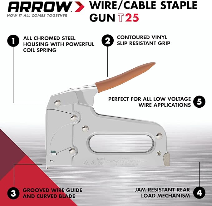 Arrow T25 Heavy Duty Staple Gun for Low Voltage Cables and Wires up to 1/4-Inch Diameter - Silver