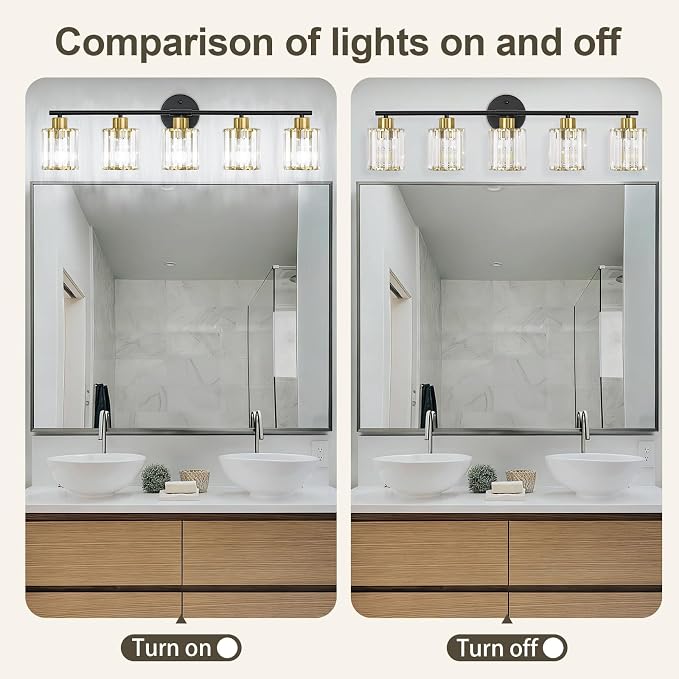 Crystal Bathroom Light Fixtures, Bathroom Lighting Fixtures Over Mirror, Modern Black Gold 5-Light Vanity Lights for Mirror,Restroom, Bedroom (Ceramic E26 Socket,Bulbs Not Include)