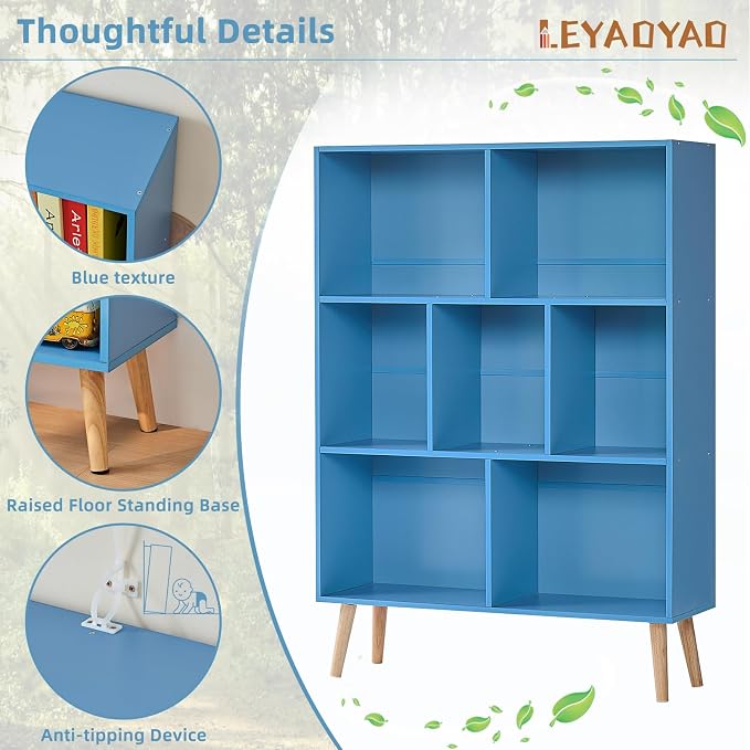 LEYAOYAO Cube Bookshelf, Mid-Century Modern Book Shelf with Legs, Blue | 3 Tier Bookcase, Rustic Wood Bookshelves Freestanding Small Storage Organizer, Open Shelves for Bedroom, Living Room, Office