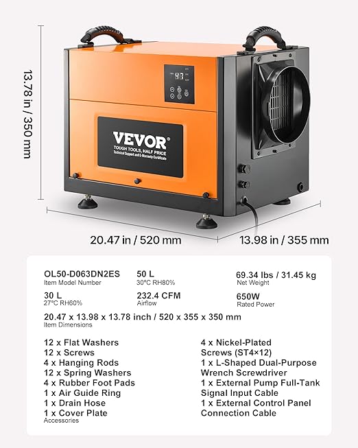 VEVOR 125 Pints Commercial Dehumidifier with Drain Hose, Portable Crawl Space Dehumidifiers for Basement Storage Room Industrial Grade, Auto Defrost/Drainage, Heavy-duty Galvanized Steel, LED Indicate