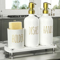 Cisily Kitchen Soap Dispenser Set Comes with Ceramics Sponge Holder, Gold Pumps, and Instant Dry Tray, Hand and Dish Soap Dispenser Set (4, Gold + White + Brush Holder)