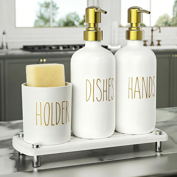 Cisily Kitchen Soap Dispenser Set Comes with Ceramics Sponge Holder, Gold Pumps, and Instant Dry Tray, Hand and Dish Soap Dispenser Set (4, Gold + White + Brush Holder)