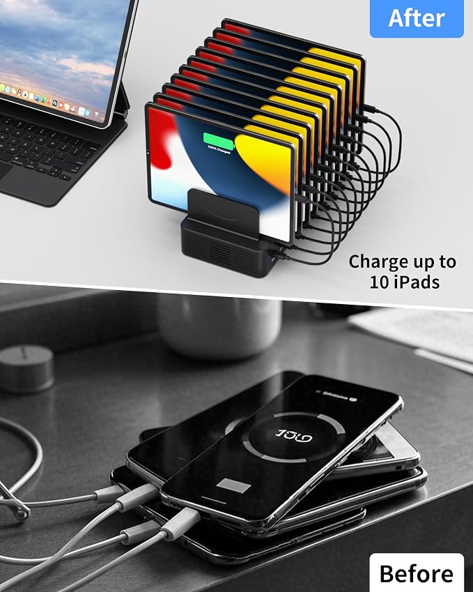 100W Charging Station for Multiple Devices, 10-Port USB Fast Charging Station with Adjustable Dividers & 10 Cables- Multi Device Organizer Charging Dock for iPhone, iPad, Tablets & More(Black)