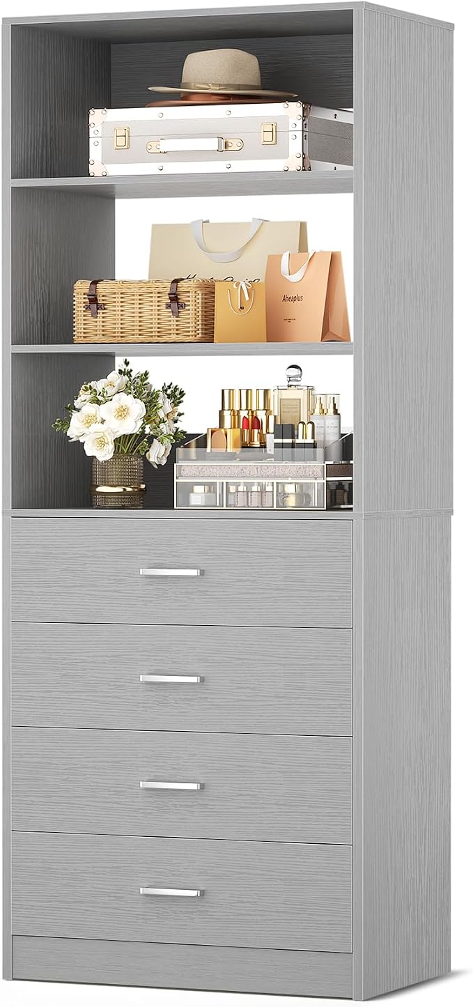 Aheaplus Closet Drawers System, 21.3" Wood Closet Organizer System with 4 Drawers, Modular Walk-in Closets System Storage Unit, Small Closets Wardrobe Rack, Tall Storage Cabinet Unit, Grey1