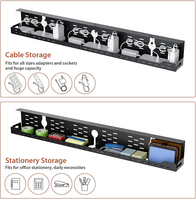 Univivi Under Desk Cable Management Tray - 48" Steel Cord Organizer, No-Drill C-Clamp & Screw Mount for Office/Home, Effortless Wire Management (Black)