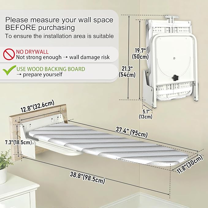 uyoyous Wall Mounted Ironing 37.4x11.8 in Adjustable Foldable Iron Board | Compact Folding Wall Mount Space-Saving 180° Swivel Ironing Boards with Heat Resistant Cover for Home Laundry Room