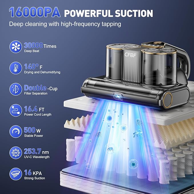 CFBF Mattress Vacuum Cleaner, Bed Vacuum Cleaner with 16Kpa Suction 253.7nm UV-C Light, Ultrasonic & High Heating, 500W Powerful Double-Cup Handheld Vacuums