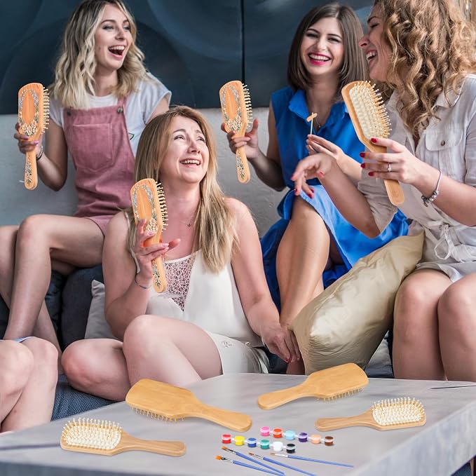 Meanplan 16 Set DIY Wooden Hairbrush Painting Kits Make Your Own Hair Brush Hand-Painted Hairbrush Night Party Supplies with Paint Brush and Palette for DIY Gift Party Crafts (Square)
