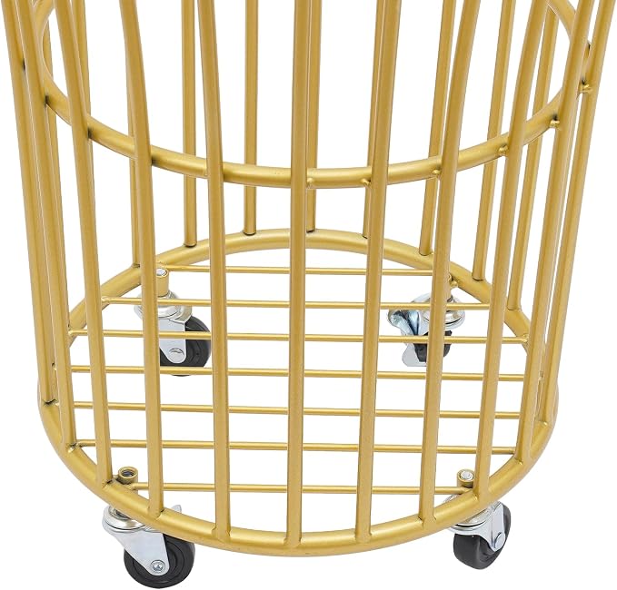 Rolling Laundry Basket with Wheels, Round Barrel Metal Mesh Laundry Hamper Dirty Clothes Basket, Versatile Portable Large Opening Storage Basket for Home, 14.2"×15.7" (Gold-Round Barrel)