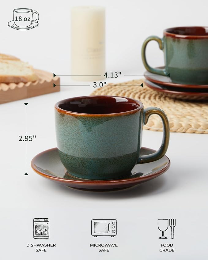 Pokini Stoneware Coffee Cups with Saucers, 6 Oz Cappuccino Cups Set of 4, Microwave & Dishwasher Safe, Perfect For Tea, Espresso, Latte, Ceramic Mugs for Kitchen or Cafe, Brown Green
