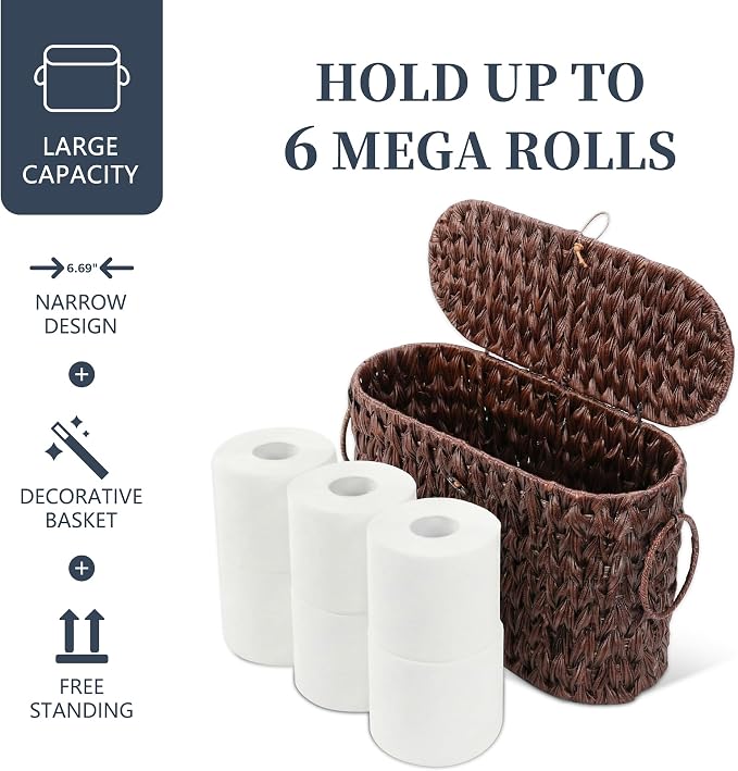 Coeusy Toilet Paper Basket with Lid, Wicker Basket for Bathroom Organizers and Storage, Holds Up to 6 Mega Rolls, Decorative Hand-Woven Rattan Bathroom Decor Accessories, Brown