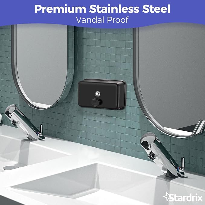 Stardrix Matte Black Stainless Steel Horizontal 1100ml/37oz Capacity Commercial-Grade Soap Dispenser, Wall-Mounted Bathroom Hand Soap Dispenser with Corrosion-Proof Lining and Anti-Leak Pump