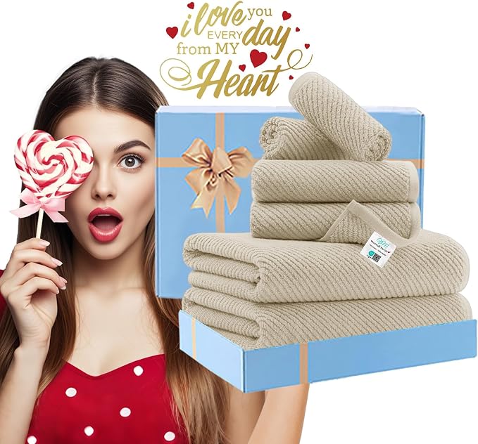 VOOVA & MOVAS 6PC Towel Set, 100% Cotton, Beige Tan | 2 Large Bath 30x56 In, 2 Hand 18x28 In, 2 Washcloths 13x13 In, Quick Dry, Thick, Soft, Towel Gift Set