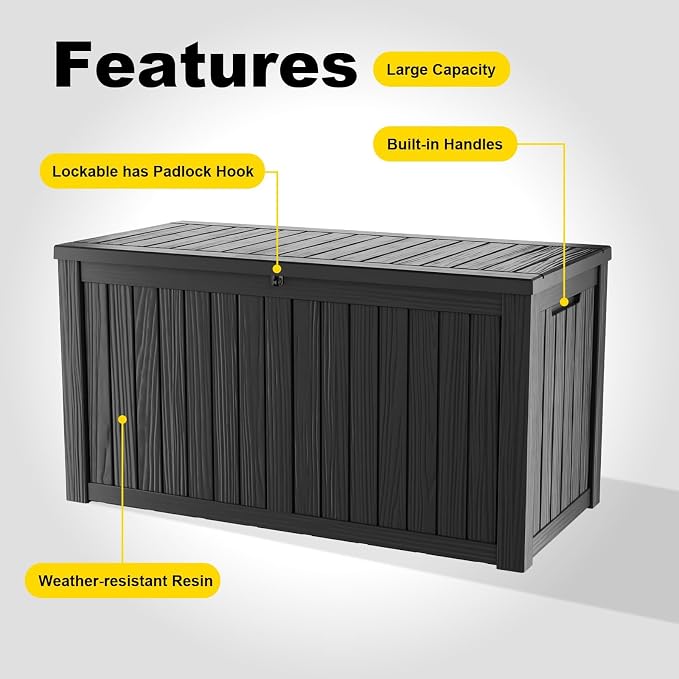 DRATO 180 Gallon Deck Boxes Outdoor Waterproof, Lockable Outdoor Storage Box for Patio Furniture Pool Supplies Garden Tools, Weatherproof Resin Storage Box for Backyard (Black, 180 Gallon)