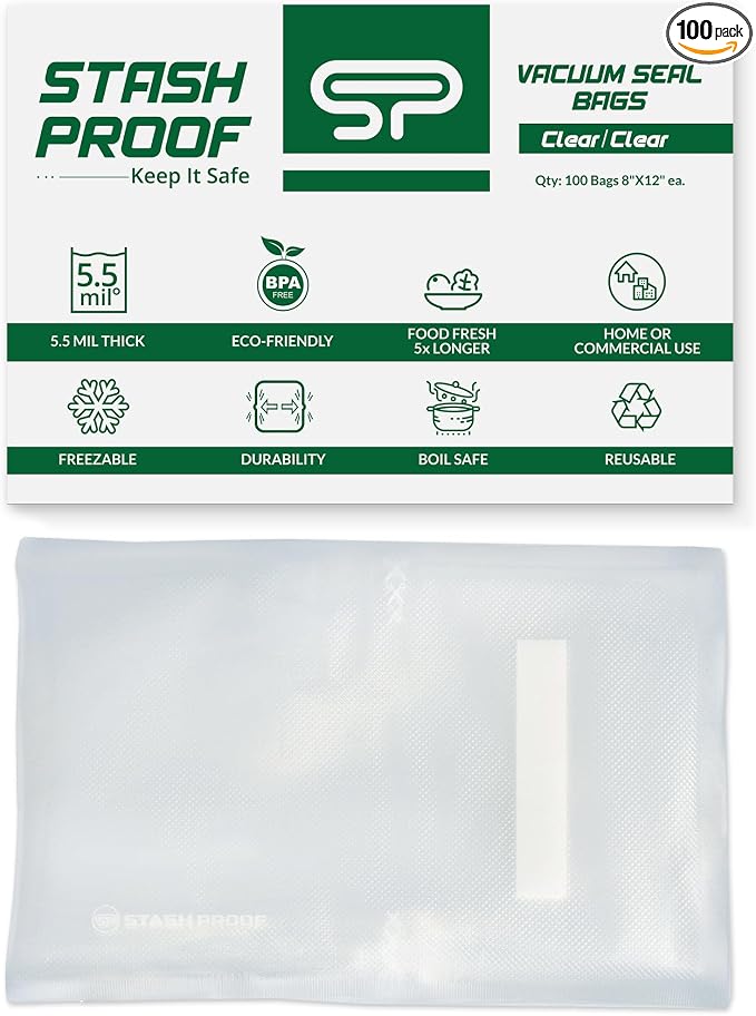 Vacuum Seal Bags 8" x 12" (100 Count) 5.5 Mil (Clear & Clear) BPA Free Heavy-Duty Commercial Grade Food Vacuum Sealer Bags for Food Saver, Sous Vide, Meal Prep, Freezer Storage & Food Preservation