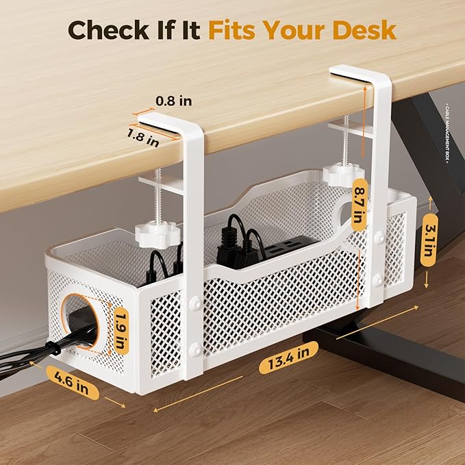 2 Pack Under Desk Cable Management Box White, Cinati 26.8" Wire Organizers No Drill, Cord Organization Tray with Clamp for Office, Home - No Damage to Desk