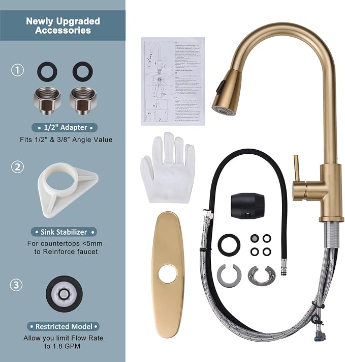 WOWOW Brushed Gold Kitchen Faucet With Sprayer, Stainless Steel High Arc Single Handle Sink Faucet for 1 or 3 Hole, Luxurious Gold Utility RV Kitchen Tap