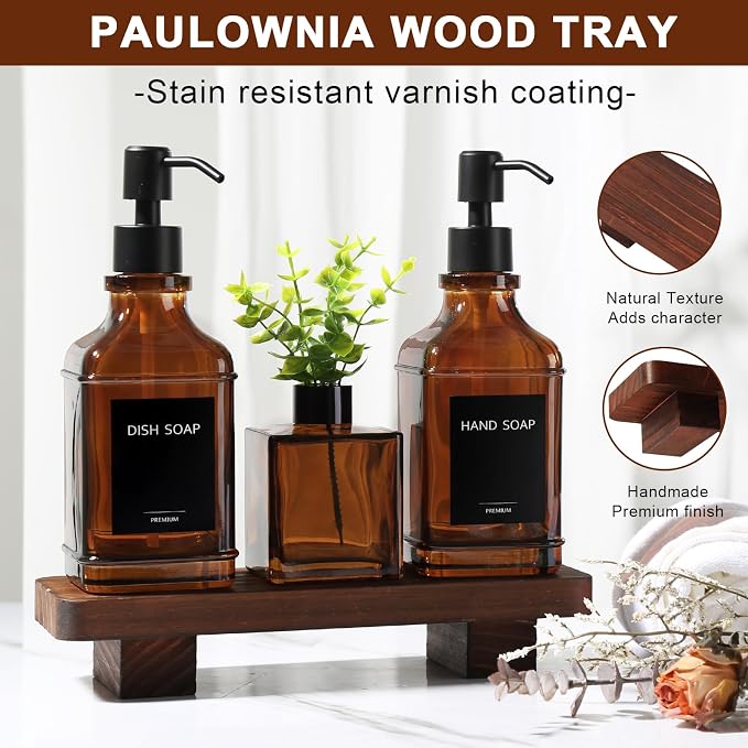 Modern Kitchen Soap Dispenser Set with Wood Tray, Amber Glass Soap Dispensers with Pump, Decorative Hand and Dish Soap Dispenser Set, Soap and Lotion Dispenser Upgrade for Kitchen and Bathroom Decor
