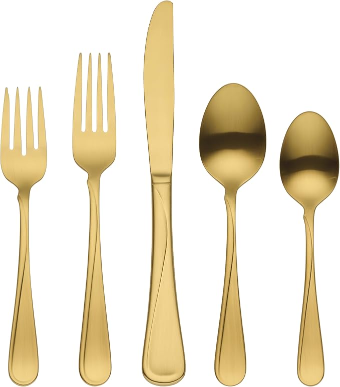 Oneida Gold Silverware Set, Flight Gold Satin 20 Piece Flatware Set, Service For 4, 18/0 Stainless Steel, Dishwasher Safe, Flatware Cutlery Sets, Utensils, Knives Spoons and Forks (Golden, 20 Pieces)