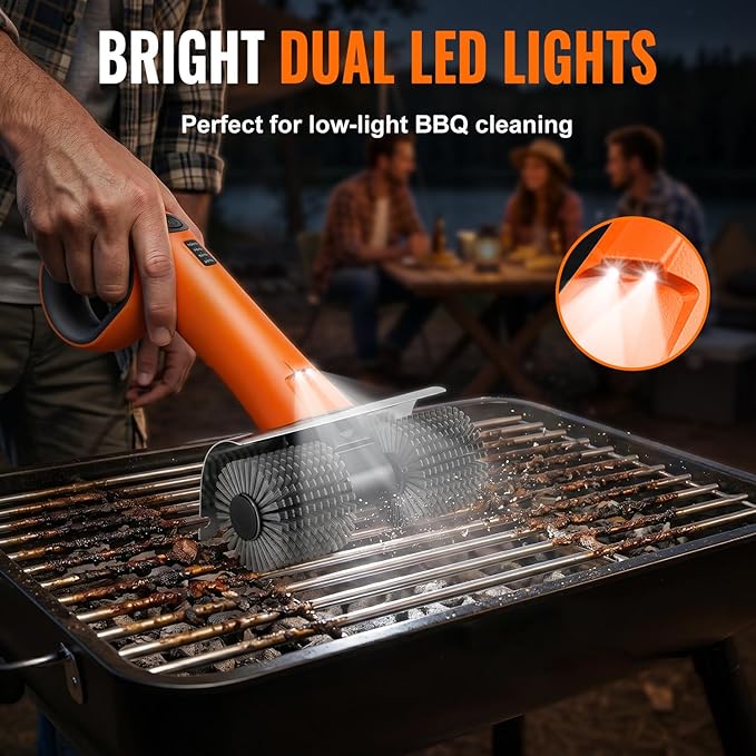 Electric Grill Brush, Cordless BBQ Grill Cleaner with Dual Rotating Heads, 450 RPM Motorized Grill Cleaning Brush with Forward & Reverse, LED Light, 6-Piece Replaceable Brush Set for Outdoor Grill