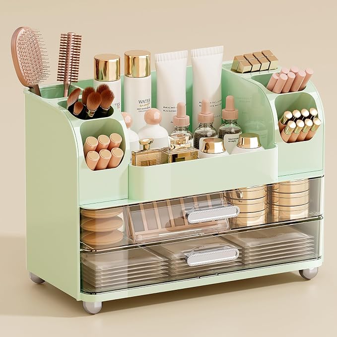 UFORU Makeup Organizer for Vanity with 2 Large Drawers, Cosmetic Display Case with Brush Holders, Easy to Storage for Bathroom Countertop Skincare, Perfume, Green