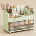 UFORU Makeup Organizer for Vanity with 2 Large Drawers, Cosmetic Display Case with Brush Holders, Easy to Storage for Bathroom Countertop Skincare, Perfume, Green