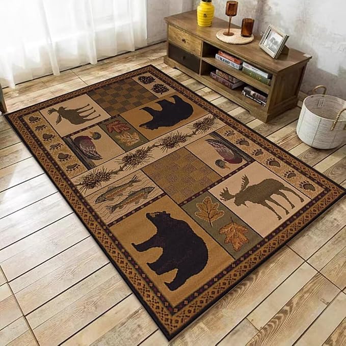 Vintage Lodge Cabin Bear Rugs 2ftx3ft Western Wildlife Print Area Rug for Bathroom Entryway Non-Slip Elk Deerlet Bear Print Carpet Indoor Floor Pad