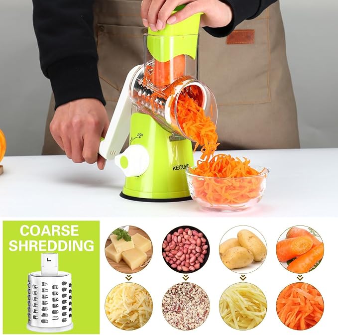 Cambom Rotary Cheese Grater Hand Crank Cheese Shredder for Fresh Cheese, Vegetable, Nuts,Non-slip Suction Base，Three Blades,Green