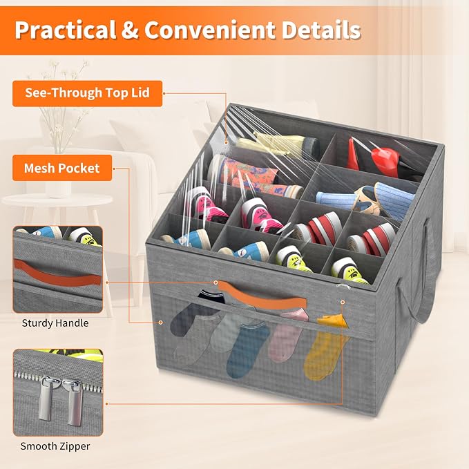 Aokeyee 2 Pack Shoe Organizer for Closet, Stackable Shoe Storage Box, Grey | Fits up to 32 Pairs, Space Saving, Foldable, Shoes Organizer Bin with Clear Cover, 4 Reinforced Handles