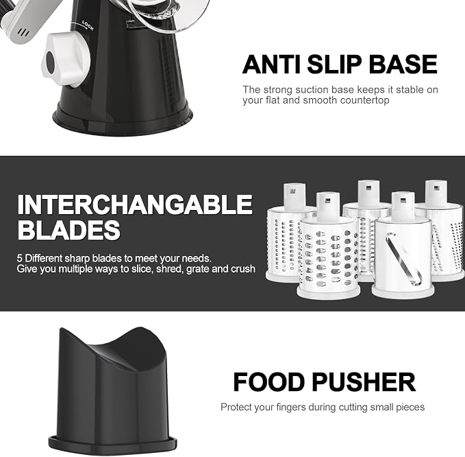 Cambom Rotary Cheese Grater Hand Crank Cheese Shredder for Fresh Cheese, Vegetable, Nuts,Non-slip Suction Base, Five Blades, Black