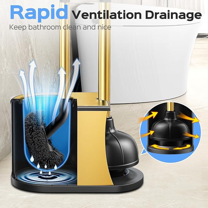 HAMITOR Toilet Plunger and Brush Set: 2 in 1 Stainless Steel Combo with Curved Bristles - Heavy Duty Toilet Unclogging for Family Bathroom - Compact Hideaway Apartment Cleaning Accessories - Gold